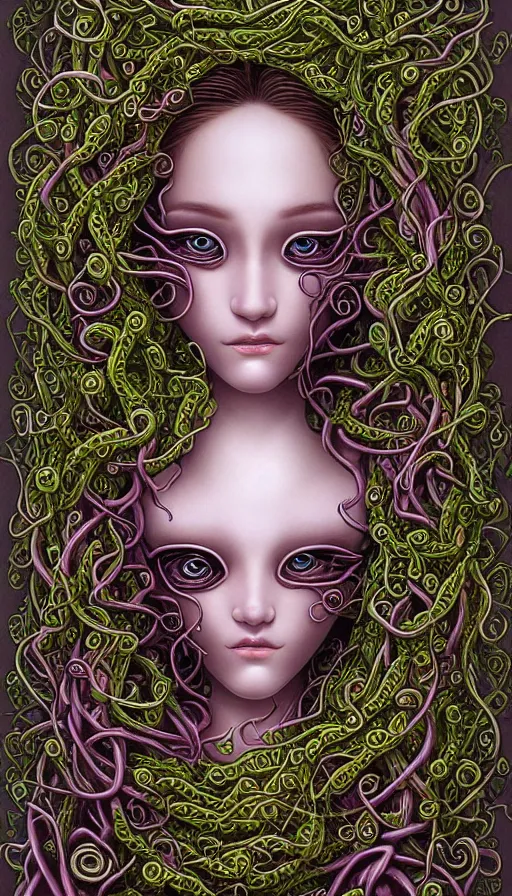 Prompt: very detailed portrait of a 2 0 years old girl surrounded by tentacles, the youg woman visage is blooming from fractal and vines, by naoto hattori