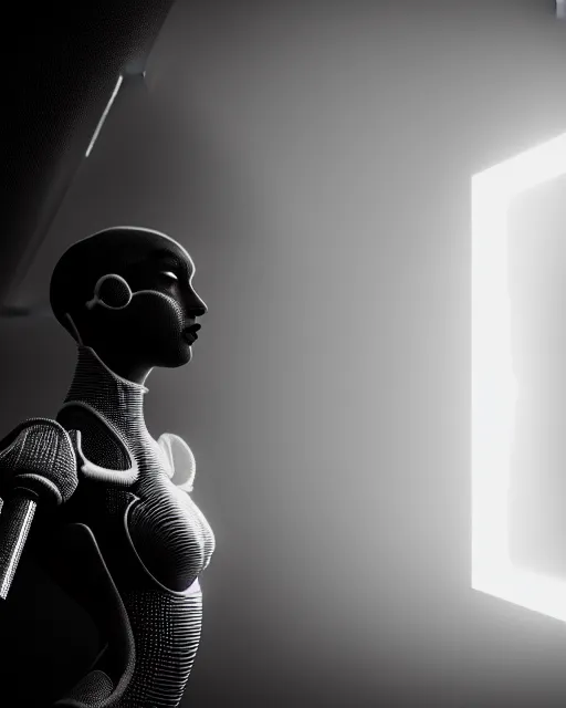 Image similar to black and white high quality photo of a female AI-queen-dragon-meshes-cyborg-doll looking into a sci-fi mirror, volumetric lighting, brutalism, foggy, dreamy, hyperdetailed, bokeh, photorealistic, cinematic, masterpiece, elegant, dark, in the style of Man Ray, octane render, 8K,