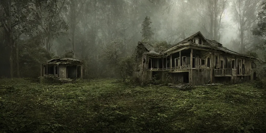 Prompt: an abandoned and decrepit wooden house in a lush forest, architectural photography, dark and dim lighting, beautiful, tranquil, moody, cinematic, fantasy, 3 5 mm lens, volumetric lighting, first person view, photographic render, hyper realistic