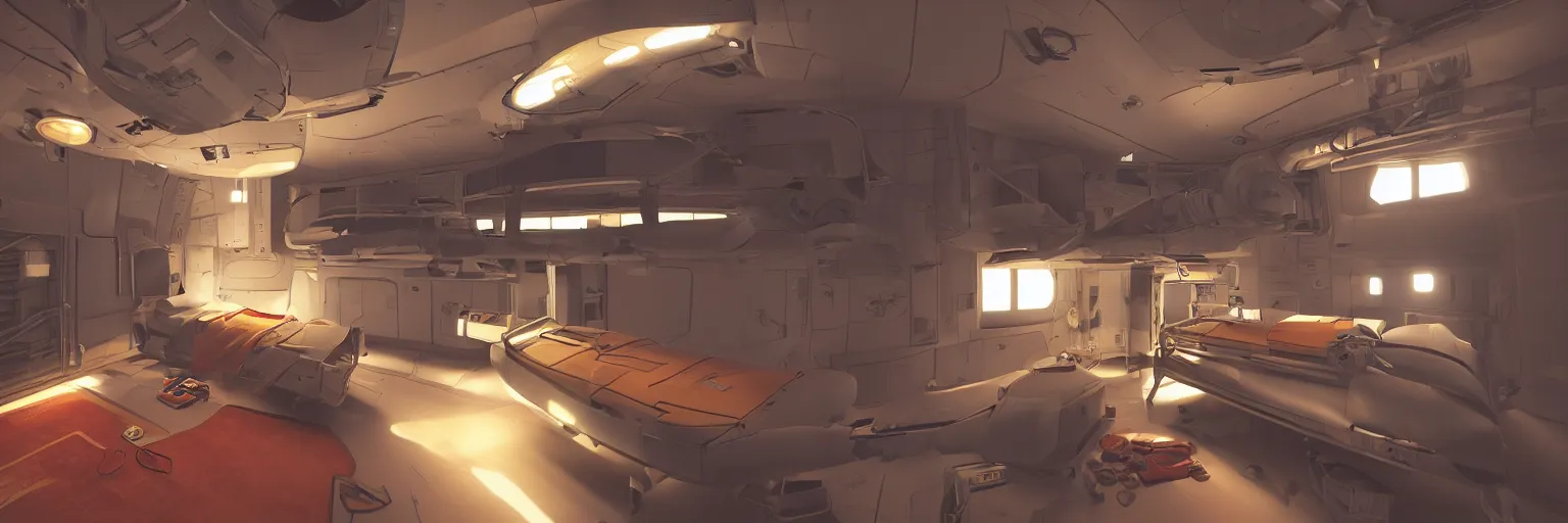 Image similar to Room of a spacecraft, with a bunk bed, warm tones, lights, gloom and lights, warm tones, warm colors, photo realistic, playing, CGI, Unreal Engine, Hdri