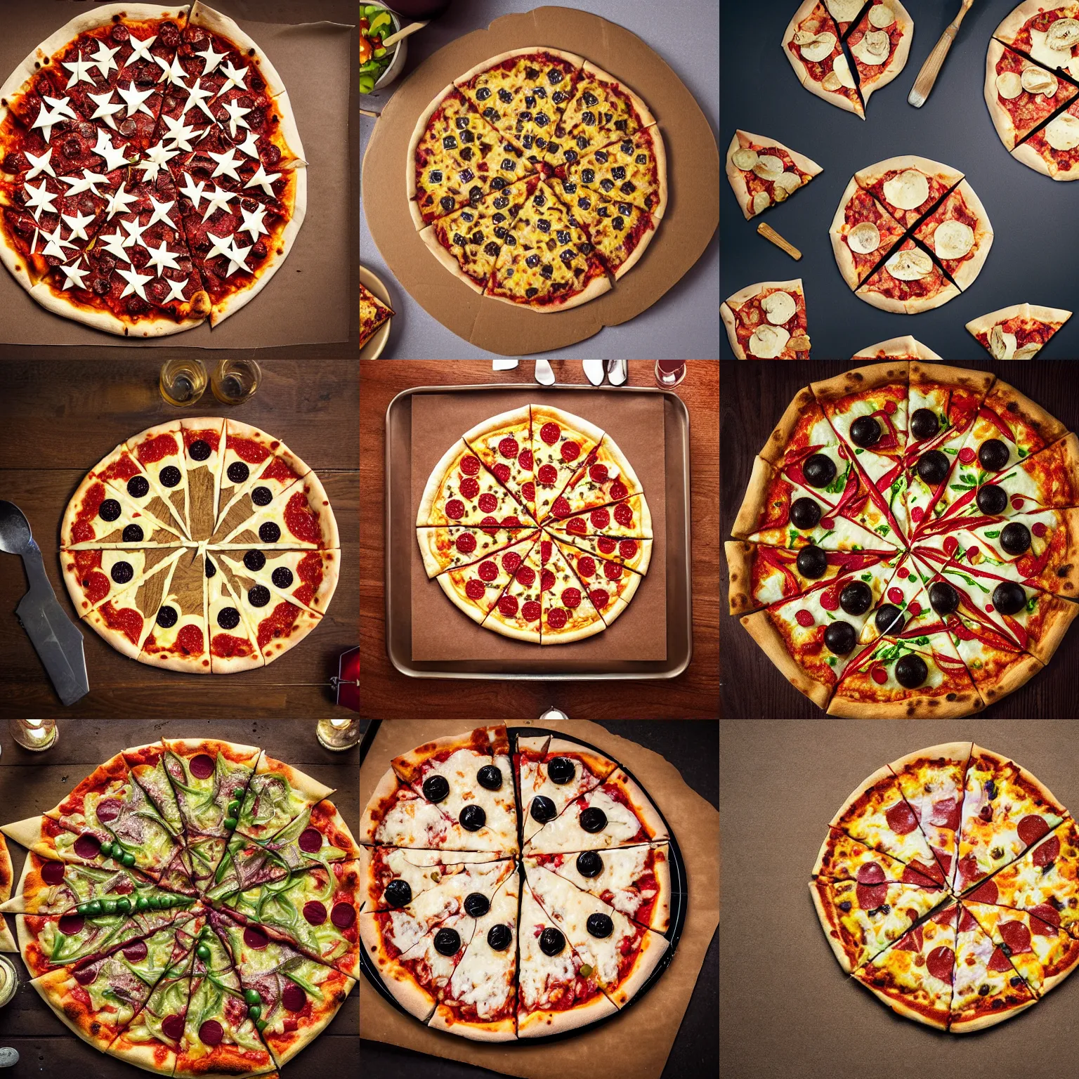 Prompt: a stellated dodecahedron pizza, shape of stellated dodecahedron, on a table, professional food photography