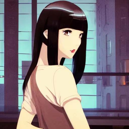 Image similar to a portrait of a beautiful girl with long straight black hair and bangs, wearing 1940's fashion, she has dark brown eyes and pale skin, she is facing towards the camera, city at nightime background, low-key neon lighting, 4k, HQ, official media, anime key visual, makoto shinkai and ilya kuvshinov, detailed, trending on artstation
