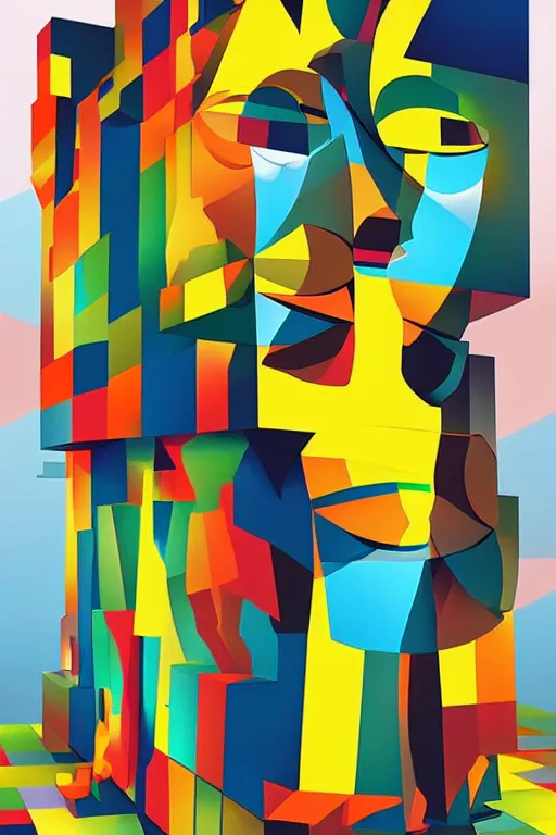 Image similar to cubist moai statue cutout digital illustration cartoon colorful beeple