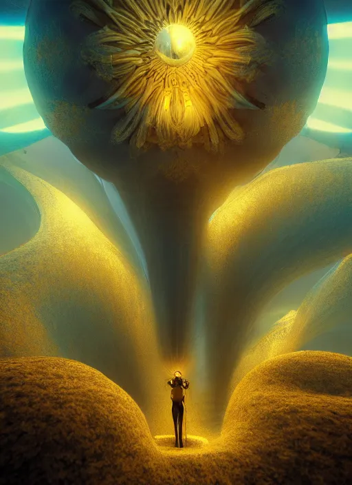 Image similar to flowers within the whole infinite capsule apparent with awe the apparition, an idea seep's into infinity highly detailed in volumetric latent space, golden turquoise steampunk, high contrast cinematic light, mystical shadows, sharp focus, divine realm of gods, octane render, artist by boris vallejo,