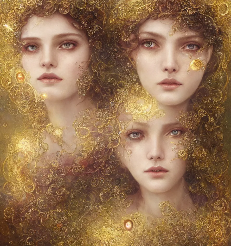 Image similar to Beautiful Delicate Detailed portrait of sun summer woman, With Magical golden eyes by Tom Bagshaw, Bastien Lecouffe Deharme, Erik Johansson, Amanda Sage, Alex Grey, Alphonse Mucha, Harry Clarke, Josephine Wall and Pino Daeni, Delicate winter frozen creature With long golden Hair and Magical Sparkling Eyes, Magic Particles; Magic Swirls, in a out of this world magical summer landscape, 4K; 64 megapixels; 8K resolution concept art; detailed painting; digital illustration; hyperrealism; trending on Artstation; Unreal Engine Photorealistic, lifelike, Unreal Engine, sharp, sharpness, detailed, 8K