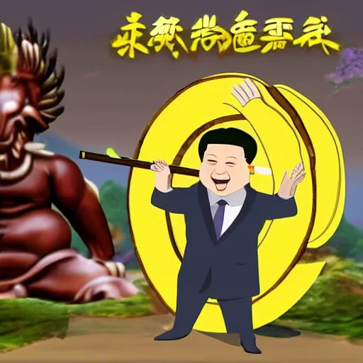 Prompt: Chinese president with bananas weapon, dragon, mountains background, fighting stance