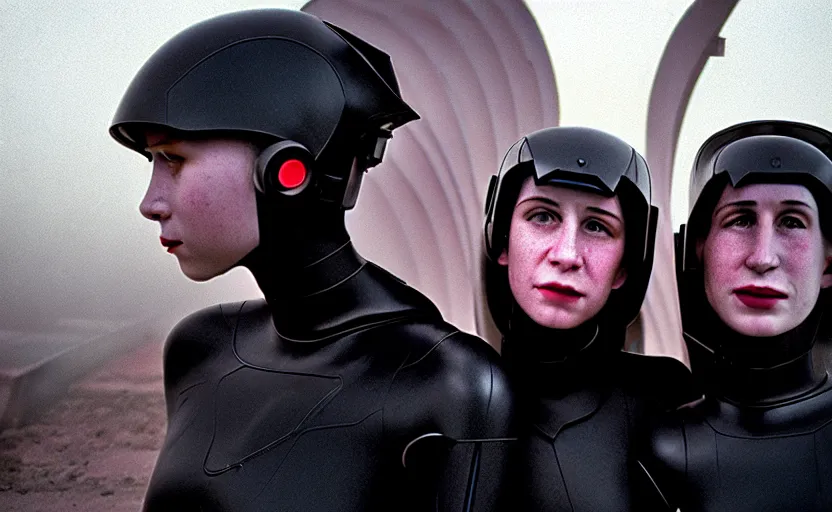 Image similar to cinestill 5 0 d photographic portrait by helen levitt of affection between two loving female cyborgs wearing black techwear in a retrofuturist garden, extreme closeup, modern cyberpunk, dust storm, 8 k, hd, high resolution, 3 5 mm, f / 3 2, ultra realistic faces, intricate detail, ex machina