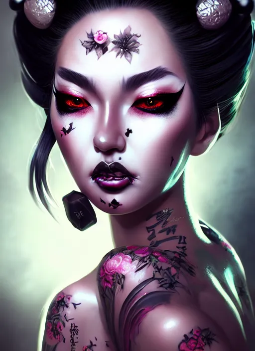 Image similar to soft lustrous ebony geisha seductive raver yakuza gothic gutter punk, urban decay dark fantasy, dark art, highly detailed, digital painting, octane render, artstation, concept art, smooth, sharp focus, illustration, art by artgerm, loish, wlop