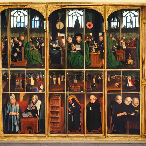 Image similar to A group of people on their smartphones, in the style of Jan van Eyck