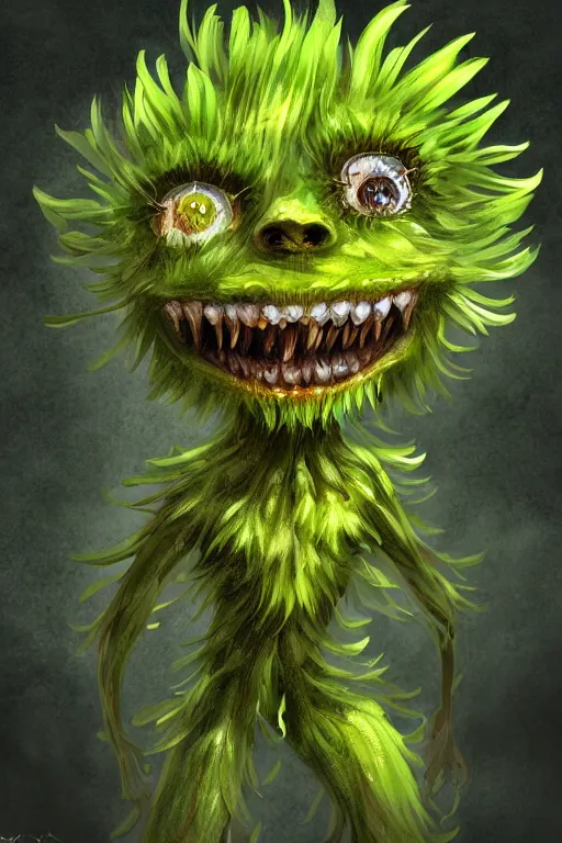 Prompt: a humanoid figure dandelion moss plant monster, large eyes and menacing smile, highly detailed, digital art, sharp focus, trending on art station, anime art style