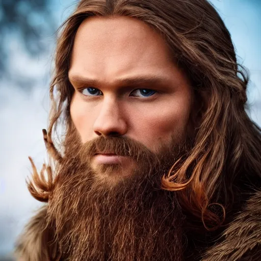 Image similar to hyperrealistic photograph of a brown-haired viking Jesus Christ, 8k, profile picture, cinematic, high contrast, epic real fantasy, stoic facial expression, looking at the camera