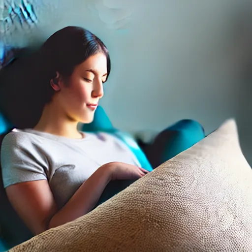 Image similar to person lounging on a pillow reading a book