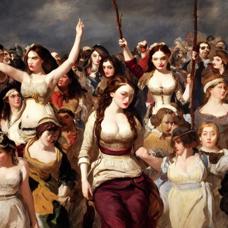 Image similar to Kate Dennings in liberty leading the people as the main woman by Eugène Delacroix, masterpiece 4k digital, highly detailed, trending on artstation, award winning