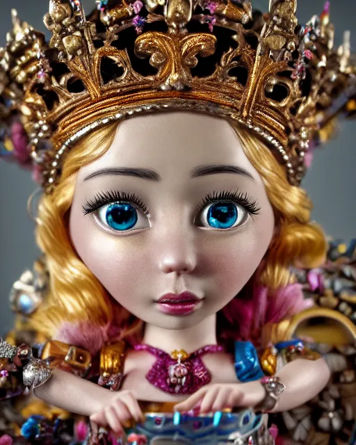 Prompt: highly detailed closeup, face profile portrait of a tin toy fairytale princess wearing a crown and sitting on a throne, bikini, depth of field, fashion photoshoot by nicoletta ceccoli, mark ryden, lostfish, dan decarlo, bob clampett, max fleischer, breathtaking, detailed and intricate environment, 8 k resolution, hyperrealistic, octane render