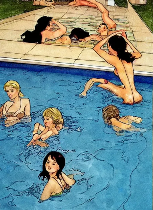 Image similar to girls having fun in the swimming pool, illustration by Milo Manara