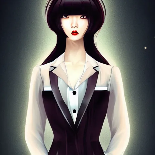 Image similar to portrait of a beautiful korean girl wearing a men's tuxedo, with long hair and bangs, angular features, angry expression, digital art, elegant pose, detailed illustration