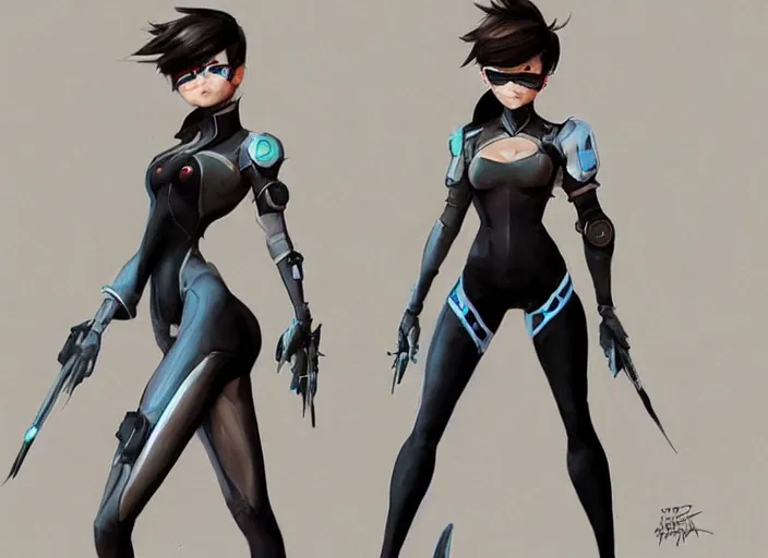 Image similar to a highly detailed beautiful portrait of tracer from overwatch as 2 b nier automata wearing a skintight suit!!, concept art!!, by gregory manchess, james gurney, james jean