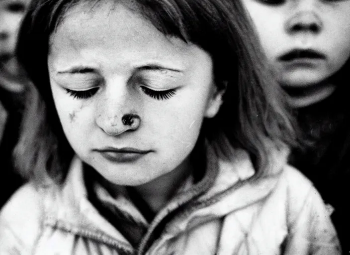 Prompt: high resolution black and white portrait with 8 0 mm f / 1 2 lens of children in chernobyl with eyes closed in grief in 1 9 8 9.
