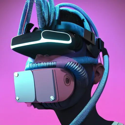 Image similar to intense futuristic bespoke vr headset respirator with long cables like dreadlocks on a set of twin humble hypebeasts, by ilya kuvshinov and james jean and sorayama and ikeuchi and hyein seo and hiroya oku and gilleard james, artstation trending, 8 k, 3 d render, photorealistic, volumetric lighting caustics, pink