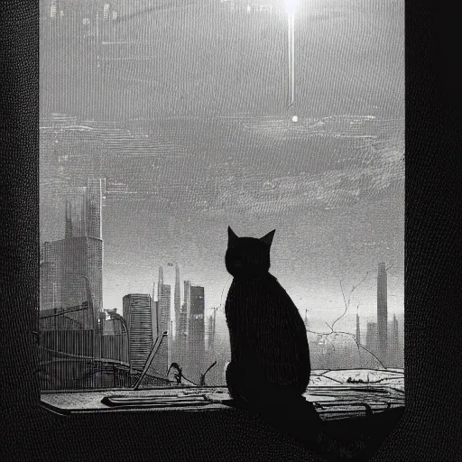 Prompt: Stray cat sitting on a roof watching a cyberpunk futuristic city, in the style of Gustave Doré