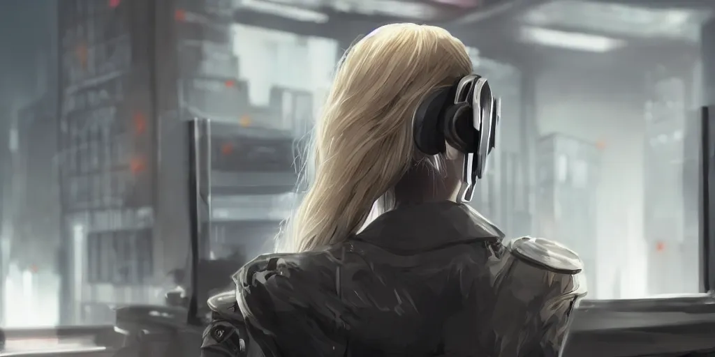 Image similar to closeup of An attractive anonymous blonde guard seen from the back sitting in front of a cyberpunk dystopian desk with matrix falling text cyberpunk, artstation