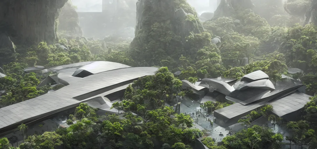 Prompt: highly detailed futuristic temple architecture by Tadao Ando and, reflective lighting, holographic, stylized vegetation, ground-level view, stunning sunny lighting, sunrise, foggy atmosphere, waterfalls, vivid colors, in the style of pixar animation, trending on Artstation, 8k, matte painting, ray tracing, hyper detailed, unreal engine 5, cinematic, epic lighting, cryengine, octane render, cyberpunk, red and orange glow, vibrant