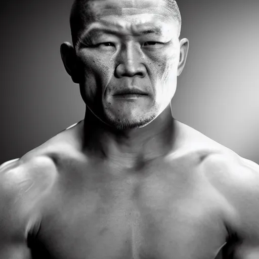 Image similar to minoru suzuki after a match, black and white, photographic, photoreal, in the style of Stanley Kubrick, 4k, award-winning, rendered in Octane, rendered in Unreal engine