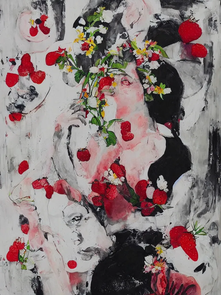 Image similar to “art in an Australian artist’s apartment, portrait of a woman wearing white muslin, eating luscious fresh raspberries and strawberries and blueberries, white wax, edible flowers, Japanese pottery, ikebana, black walls, acrylic and spray paint and oilstick on canvas”