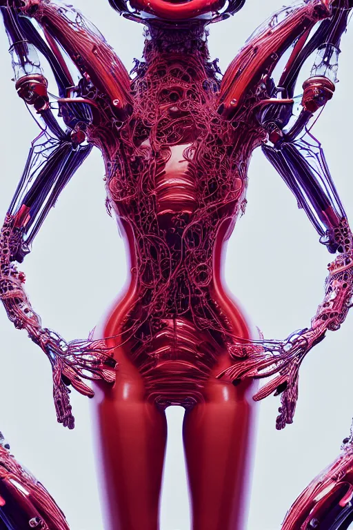 Image similar to background space station, red baroque inflateble dress iris van herpen positing on floor, helmet instead of a head, perfect symmetrical, full body shot, inflateble shapes, wires, tubes, veins, jellyfish, white biomechanical details, wearing epic bionic implants, masterpiece, intricate, biopunk, vogue, highly detailed, artstation, concept art