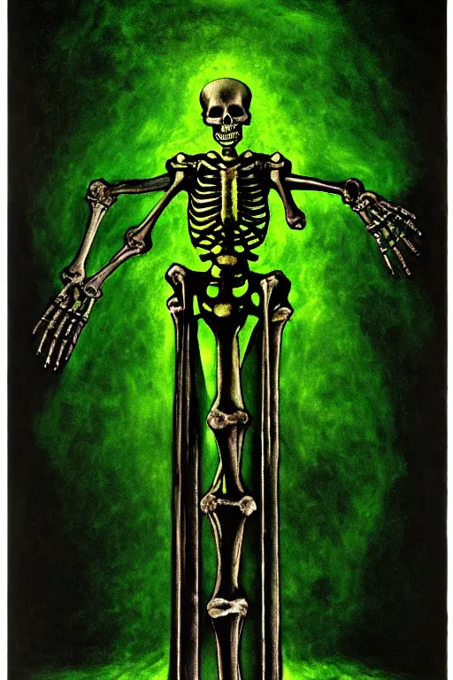 Image similar to a skeleton holding one hand aloft, glowing green candles, obelisks and black pyramids, obsidian ground, oil painting, high detail, dark lighting, atmospheric, extremely detailed, intricate, da vinci, michelangelo, caravaggio, hans holbein, raphael, donatello, 8 k