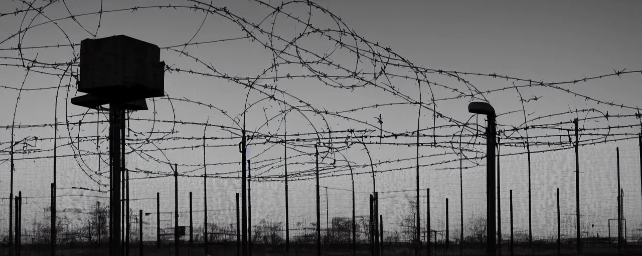 Image similar to military industrial complex, night, spotlights, watchtower, hangers, fences, barbed wire