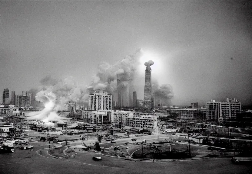 Image similar to Pulgasari the North Korean starfish monster destroying Pyongyang city, volumetric lighting, filmstill, produced by Kim Jong-il, Kodachrome, kaiju-eiga, monster movie, communist propaganda, film noir, 35mm film grain, Cooke Varotal 20-100mm T3.1, in the style of Ishirō Honda and Andreï Tarkovski