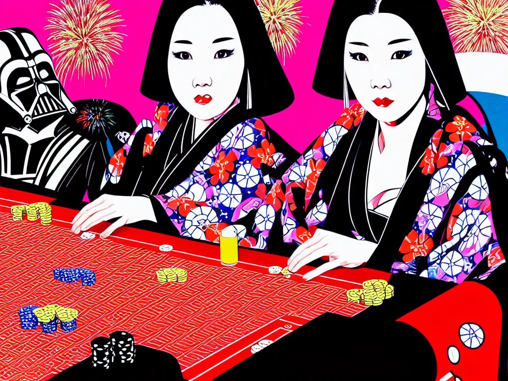 Image similar to hyperrealism composition of the detailed woman in a japanese kimono sitting at an extremely detailed poker table with darth vader, fireworks on the background, pop - art style, jacky tsai style, andy warhol style, acrylic on canvas