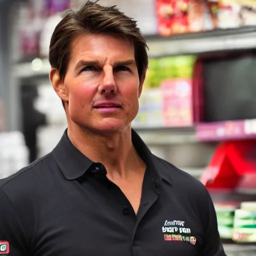 Image similar to Tom Cruise working as a 7/11 cashier, macro, detailed, beautiful lighting