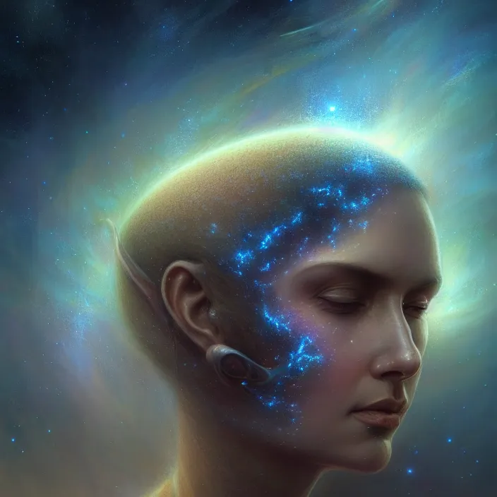 Image similar to closeup portrait shot of a meditation in a galaxy in a scenic dystopian environment, intricate, elegant, highly detailed, centered, digital painting, artstation, concept art, smooth, sharp focus, illustration, artgerm, tomasz alen kopera, peter mohrbacher, donato giancola, joseph christian leyendecker, wlop, boris vallejo