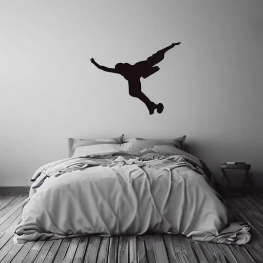 Image similar to Digital art of a silhouette of a person flying above their bed, the ceiling is a beautiful dream world, bedroom, trending, award winning