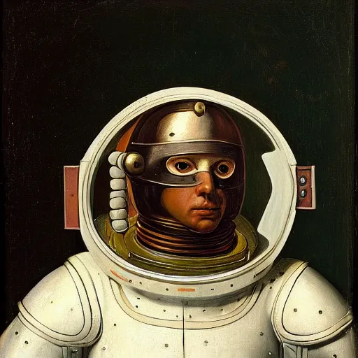 Prompt: portrait of an astronaut knight with metal armor wearing a helmet by George Stubbs, renaissance painting, oild painting, old master