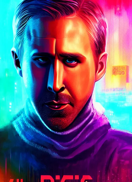 Image similar to ryan gosling in blade runner 2 0 4 9 portrait illustrated by rossdraws, vivid colors, soft lighting, bloom, digital artwork 4 k, best of artstation