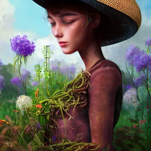 Image similar to slightly rusty nonhuman robot gardener in a straw hat, waters flowers, highly detailed, texture, background greenhouse, mild dreamy professional lighting, digital art, smooth, sharp focus, illustration, wide angle shot, full body visible, art by artgerm, by rutkowsky, from Treasure Planet,