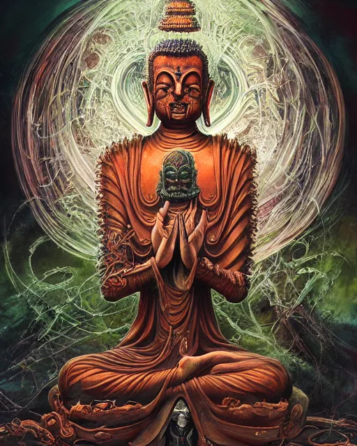 Image similar to fleshmetal buddha, by antonio j. manzanedo, giger, alex grey, android jones, wayne barlowe, philippe druillet, raymond swanland, cyril rolando, josephine wall, harumi hironaka, trending on artstation