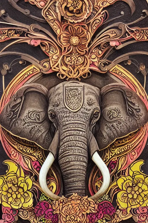 Image similar to Painted dark-wood panel relief carving of a close up of a Flowerpunk Matriarch Elephant, ornate border frame, explosion of colorful flowers, dark wood, intricately carved, black ink, festival of rich colors, intricate details, cinematic lighting, volumetric lighting, post-processing, art nouveau, tarot, fractal art, mandala, by andreas rocha and john howe, and Martin Johnson Heade, featured on artstation, featured on behance, golden ratio, hyper detailed, photorealistic, epic composition, center spotlight, f32, well composed, symmetrical, UE5, 8k