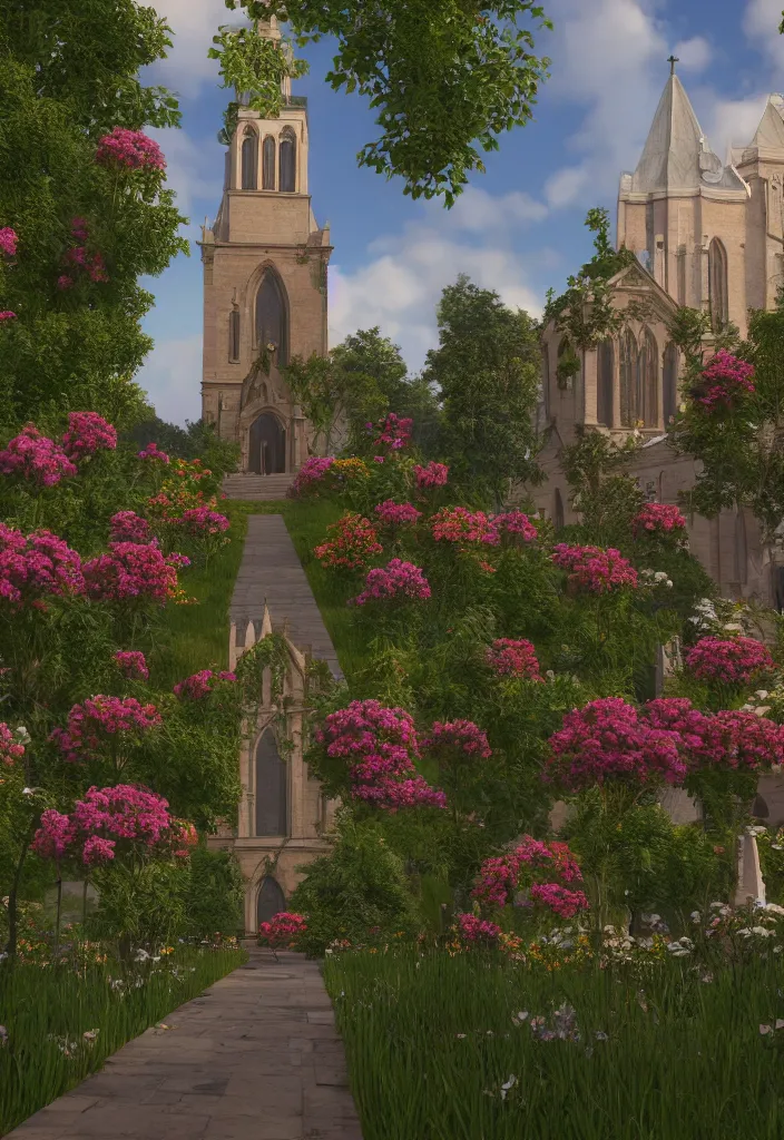 Image similar to a church filled with lots of plants and flowers, a flemish baroque by thomas cole, unsplash, baroque, sanctuary, rendered in unreal engine, unreal engine