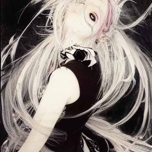 Image similar to Yoshitaka Amano realistic illustration of an anime girl with white hair and cracks on her face wearing dress suit with tie fluttering in the wind, abstract black and white patterns on the background, noisy film grain effect, highly detailed, Renaissance oil painting, weird portrait angle