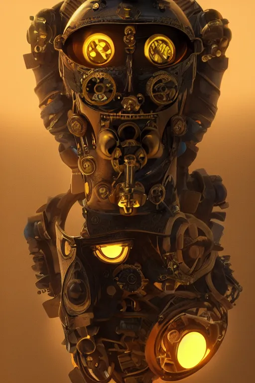 Image similar to steampunk mask minimalist fantasy art robot ninja helmet, global illumination ray tracing hdr fanart arstation by sung choi and eric pfeiffer and gabriel garza and casper konefal radiating a glowing aura