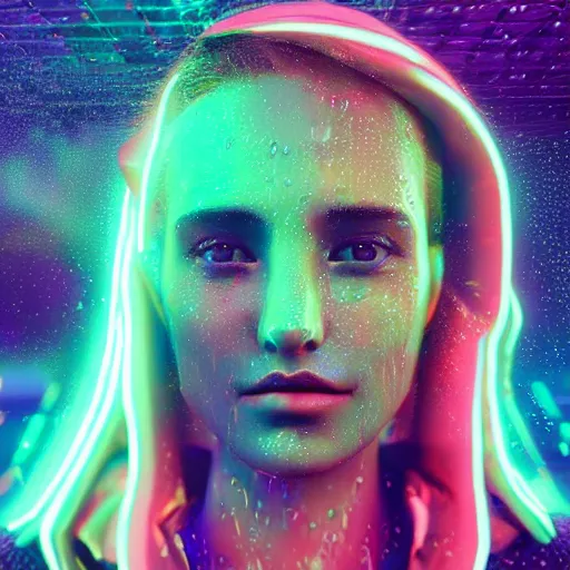 Image similar to human portrait made out of rain, beautiful, neon, epic detail, galactic background, rendered in octane, unreal engine, realistic