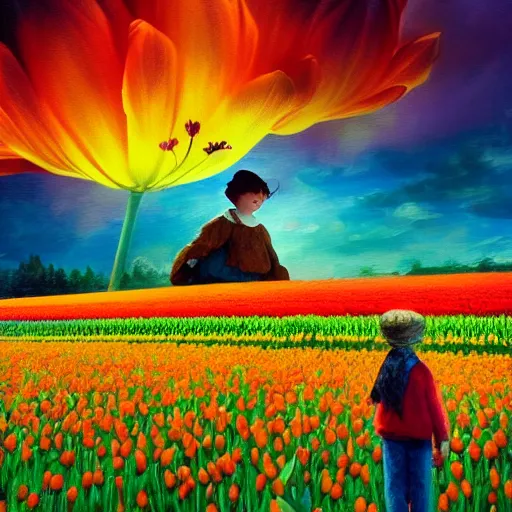 Image similar to dutch girl with singular giant tulip as a head, surreal photography, flower field, sunset dramatic light, impressionist painting, colorful clouds, blue sky, digital painting, artstation, simon stalenhag