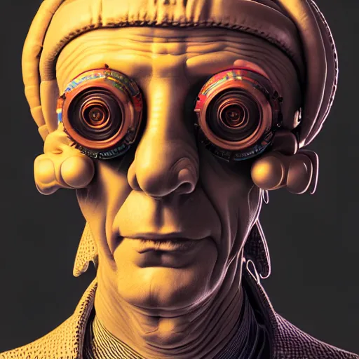 Image similar to Colour Photography of 1000 years old man with highly detailed 1000 years old face wearing higly detailed cyberpunk VR Headset designed by Josan Gonzalez . in style of Josan Gonzalez and Johannes Vermeer and Mike Winkelmann. Rendered in Blender