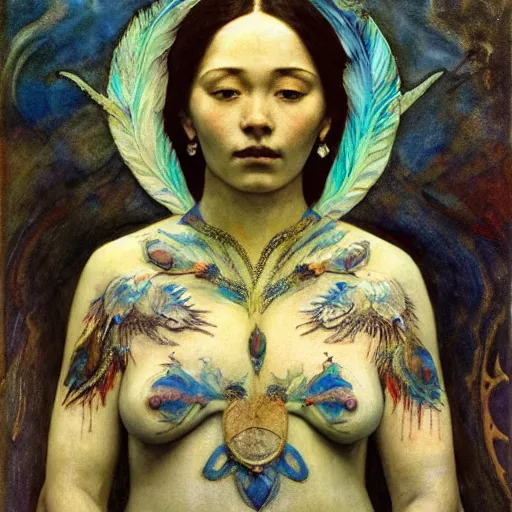 Image similar to coronation of the dawn, by Annie Swynnerton and Nicholas Roerich and Diego Rivera, bioluminescent skin, feather tattoos, elaborate costume, geometric ornament, symbolist, soft colors, smooth, sharp focus, extremely detailed