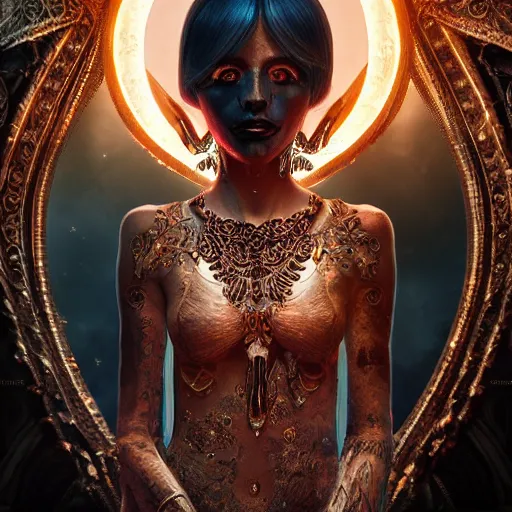 Image similar to portrait of moon sorceress, beautiful, attractive, glowing, ornate and intricate, jaw dropping, dynamic lighting, dark, menacing, intricate and detailed, 4 k octane render, age 2 0