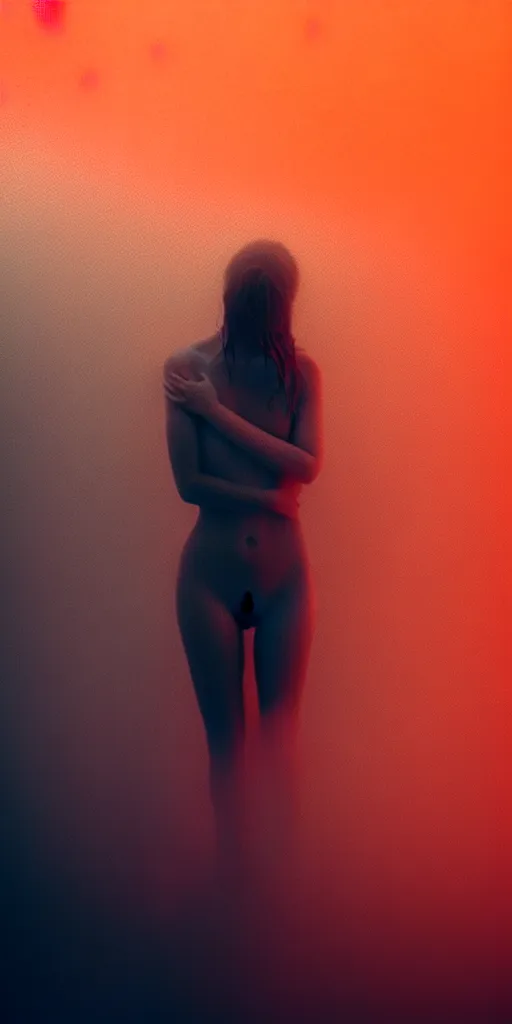 Image similar to a blurry closeup picture of woman's skin gripped tightly, female bodies, hands, dripping wet, macro photography, long exposure photograph, surrealism, anamorphic bokeh, cozy, soft light, cyan and orange, caustic, atmospheric fog, octane render, cinematic